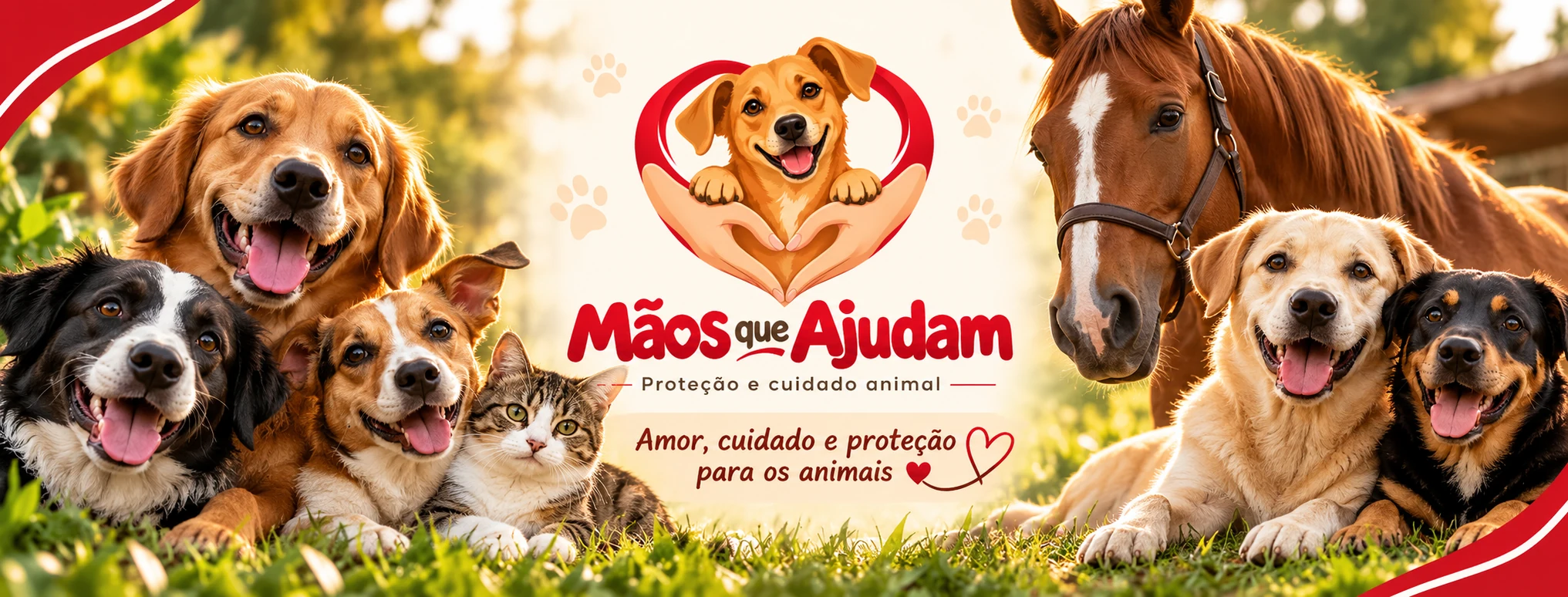 Capa Mãos que Ajudam com cães, gato e cavalo, juntos pela proteção animal