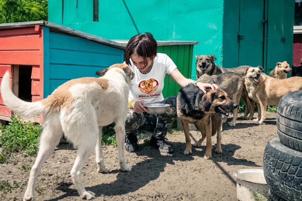 Integrante da equipe cuidando de cães no abrigo